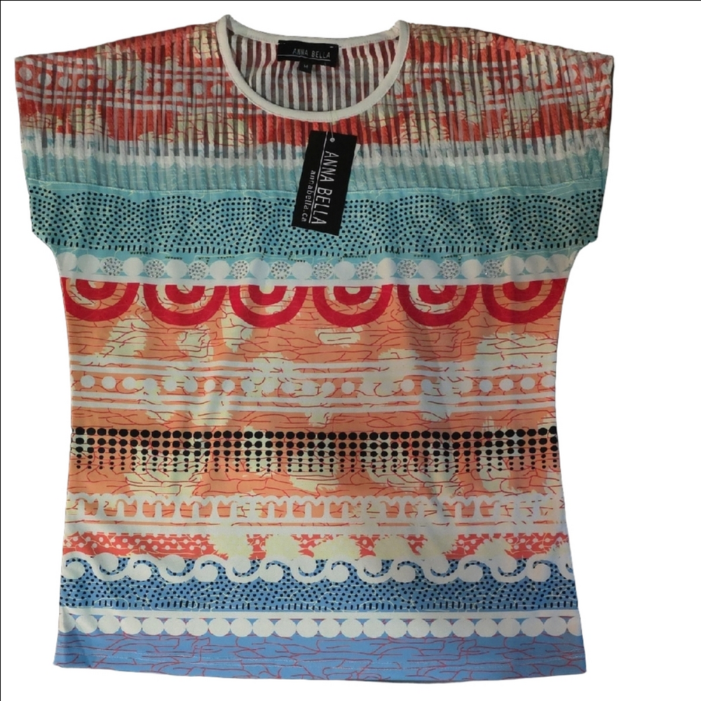 #34.  Annabella Pink and Blue Ribbed Graphic Cap Sleeve Tee